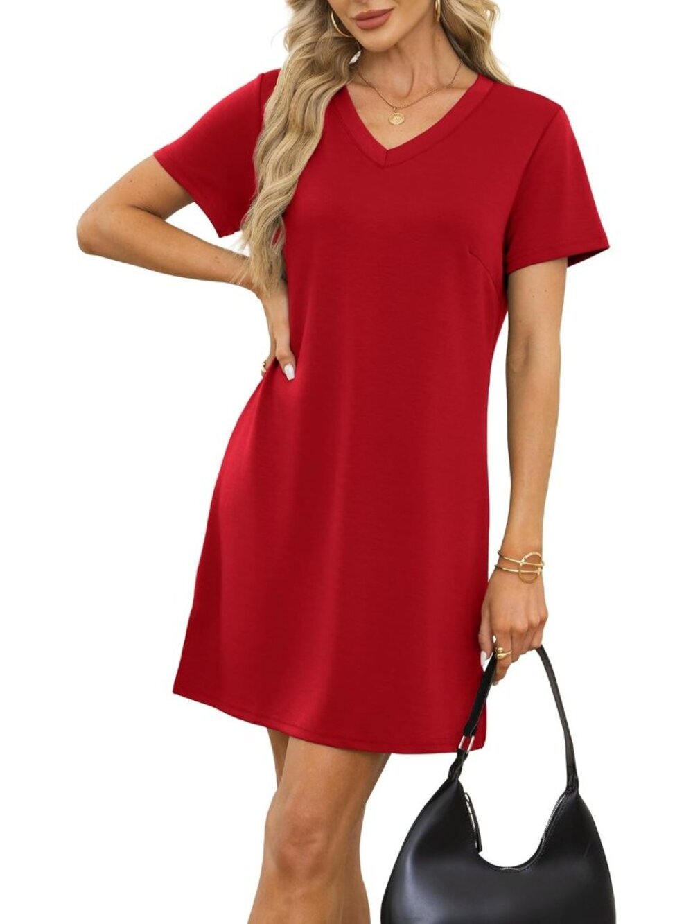 〽️Women's Red V Neck Casual Summer Sundress Imported Pull On T Shirt